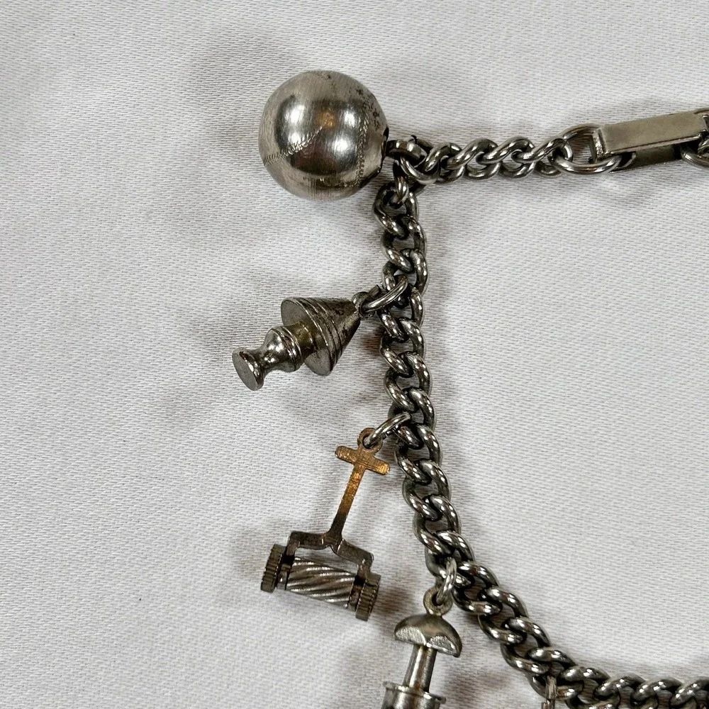 Vintage 1950 Charm Bracelet 11 Charms Travel Themed Silver Tone Clamp Soldier